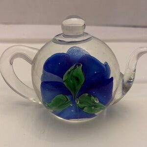 Elegant Glass Teapot with Blue and Green Floral Accents